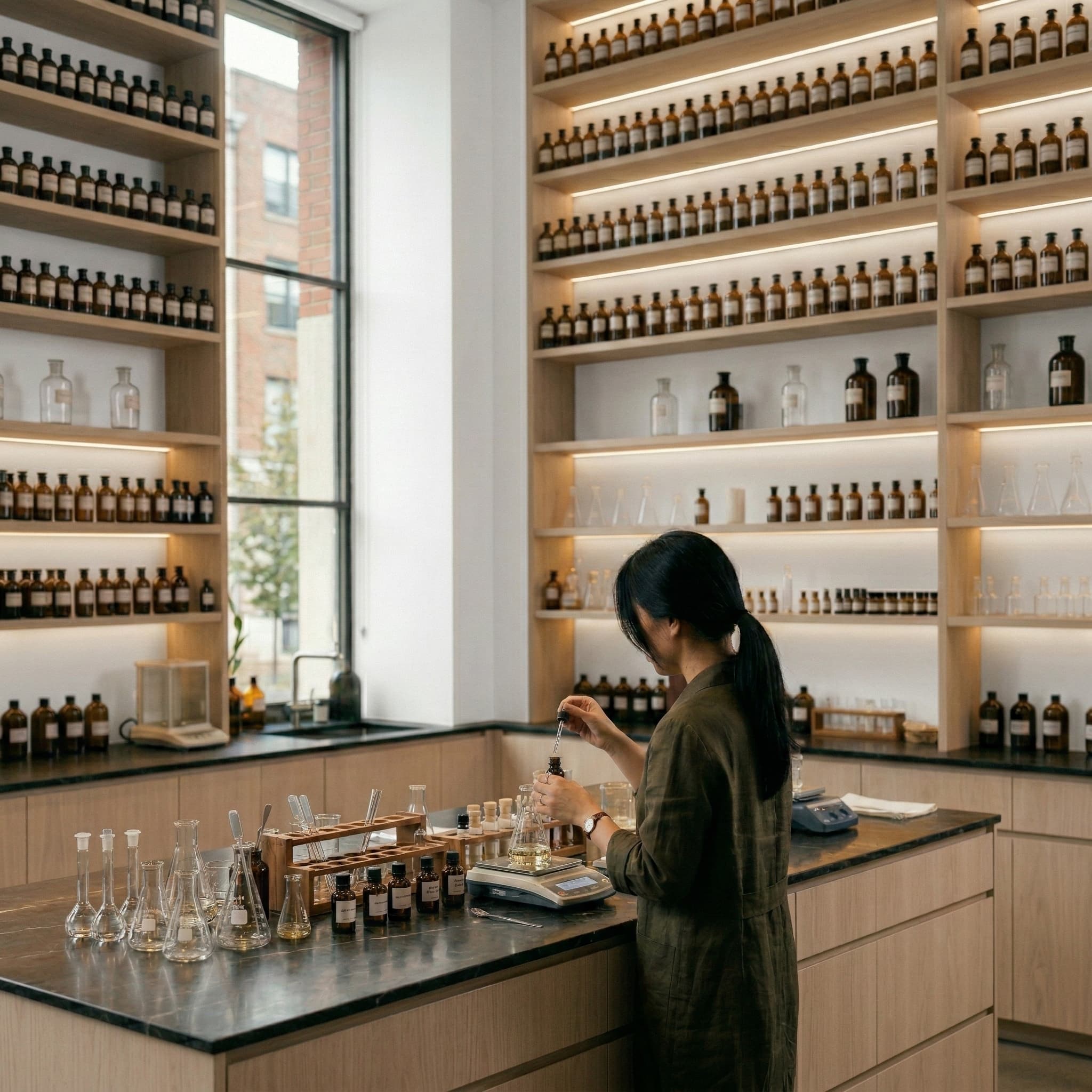 Perfumer working in a professional fragrance laboratory